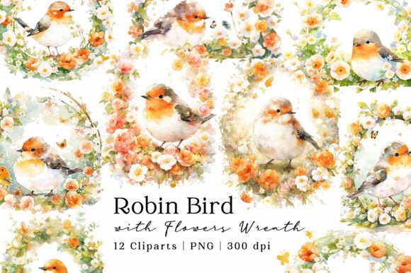 Download Robin Bird Flowers Wreath Watercolor PNG - Bird Collection